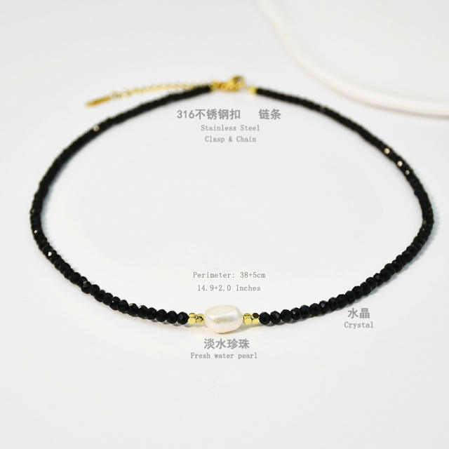 Spring Summer Color Crystal Beaded Necklace Women's Color-free Natural Freshwater Pearl Necklace