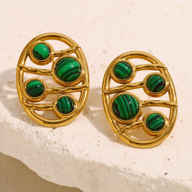 Boho malachite stone bead stainless steel earrings