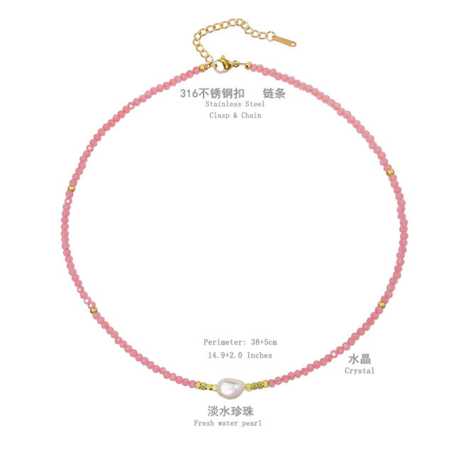 Spring Summer Color Crystal Beaded Necklace Women's Color-free Natural Freshwater Pearl Necklace