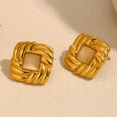 18KG opal stone statement square stainless steel earrings
