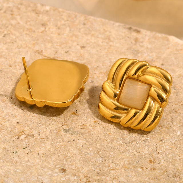 18KG opal stone statement square stainless steel earrings
