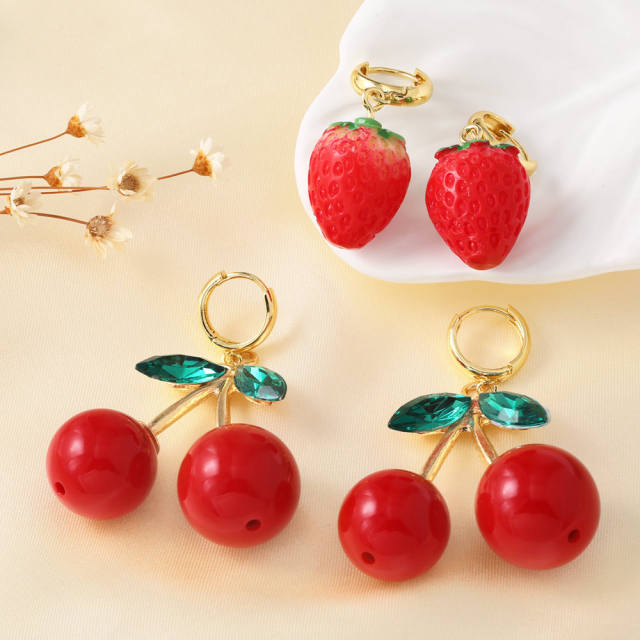 Hot fruit ins style red cherry strawberry pendant earrings