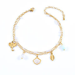 Korean fashion two layer pearl bead shell charm stainless steel anklet