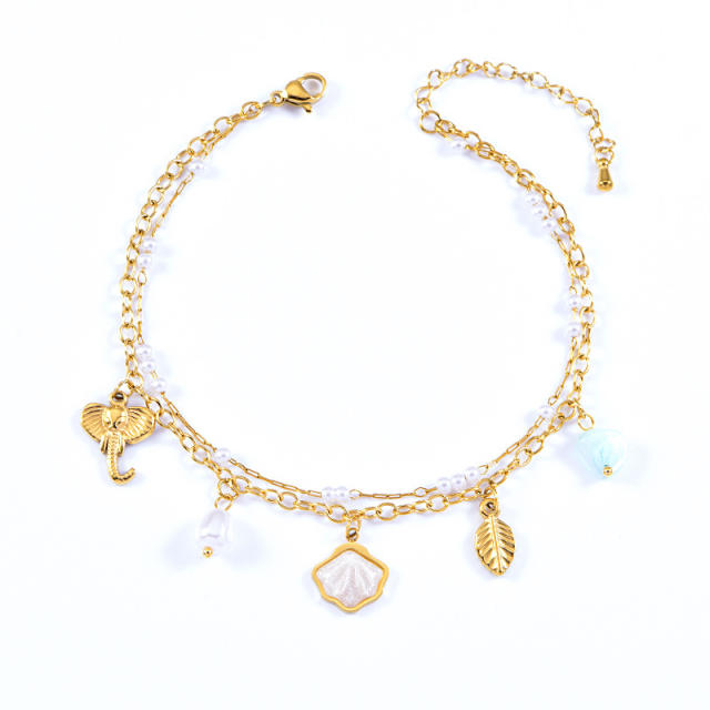 Korean fashion two layer pearl bead shell charm stainless steel anklet