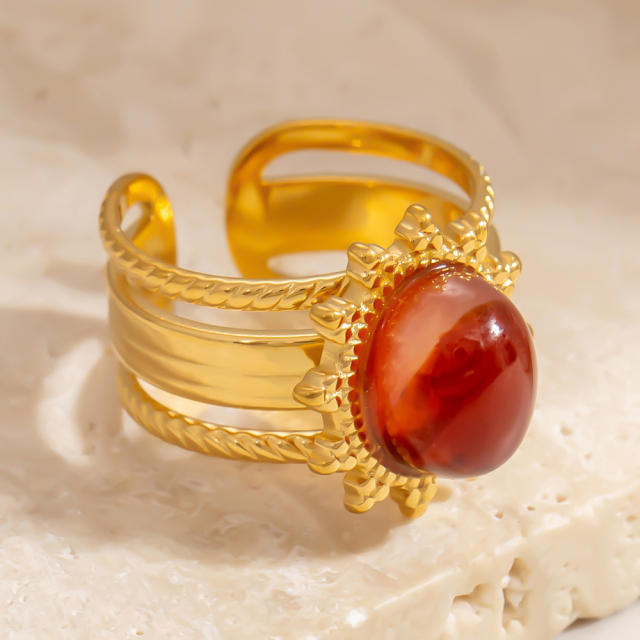18k gold plated oval natural stone stainless steel rings for women