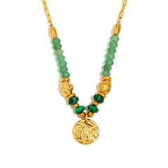 18KG coin pendant green stone bead stainless steel necklace