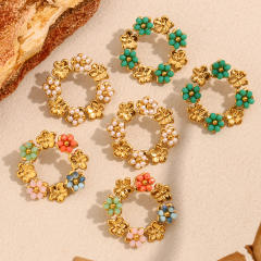 18KG holiday round circle colorful bead flower stainless steel earrings