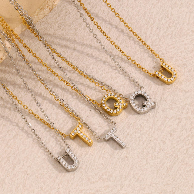 Dainty diamond initial letter stainless steel necklace