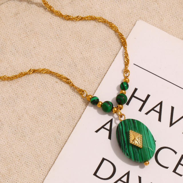 18KG malachite stone oval pendant stainless steel necklace