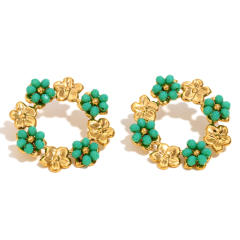 18KG holiday round circle colorful bead flower stainless steel earrings