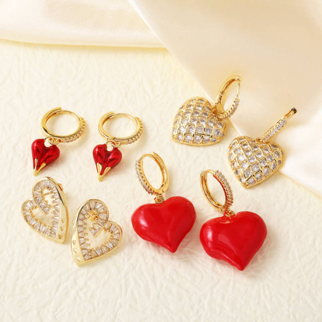 Hot sale red color enamel diamond heart copper earrings