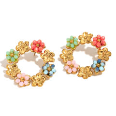 18KG holiday round circle colorful bead flower stainless steel earrings