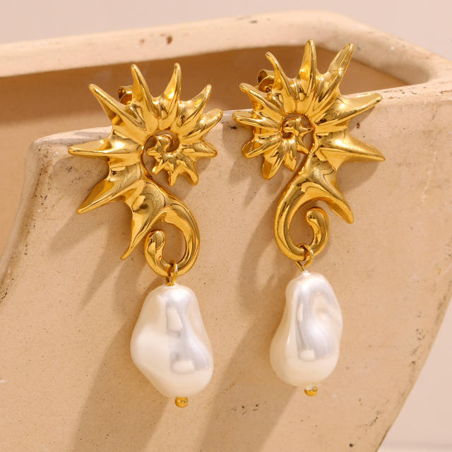 Stainless steel plated 18K gold seahorse baroque pearl earrings
