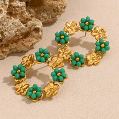 18KG holiday round circle colorful bead flower stainless steel earrings