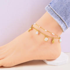 Korean fashion two layer pearl bead shell charm stainless steel anklet