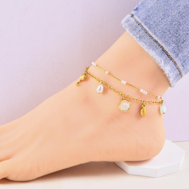 Korean fashion two layer pearl bead shell charm stainless steel anklet