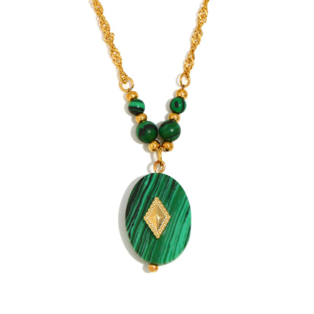 18KG malachite stone oval pendant stainless steel necklace