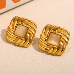 18KG opal stone statement square stainless steel earrings