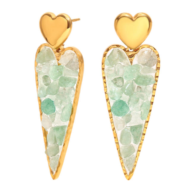 18KG natural stone bead green color heart dangle earrings stainless steel earrings