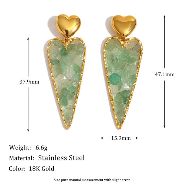 18KG natural stone bead green color heart dangle earrings stainless steel earrings
