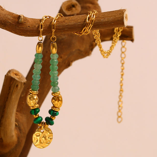 18KG coin pendant green stone bead stainless steel necklace