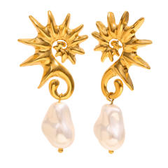 Stainless steel plated 18K gold seahorse baroque pearl earrings