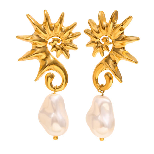Stainless steel plated 18K gold seahorse baroque pearl earrings