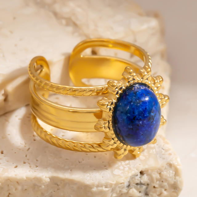 18k gold plated oval natural stone stainless steel rings for women