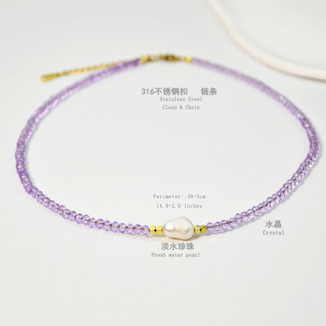 Spring Summer Color Crystal Beaded Necklace Women's Color-free Natural Freshwater Pearl Necklace