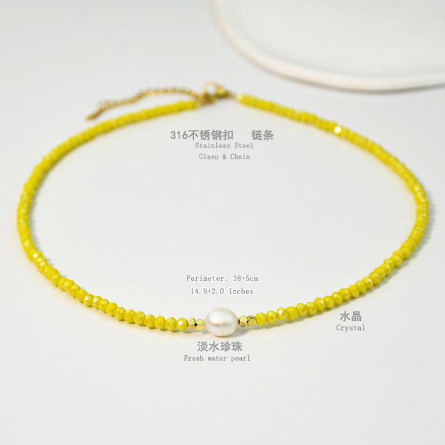 Spring Summer Color Crystal Beaded Necklace Women's Color-free Natural Freshwater Pearl Necklace