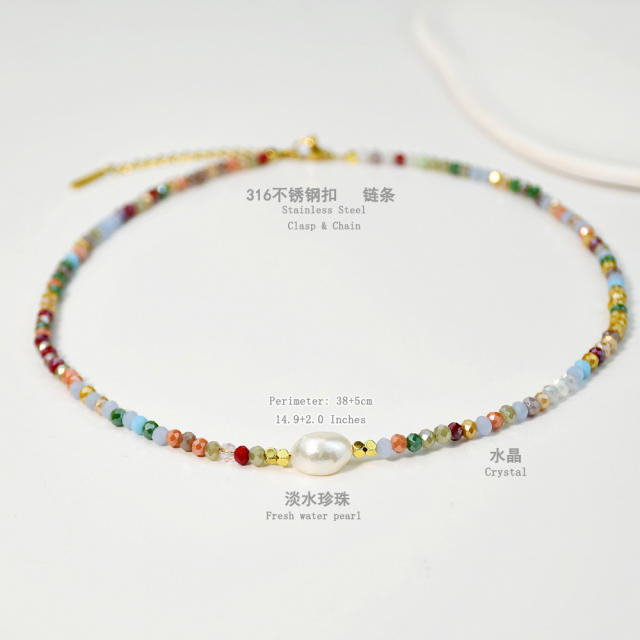Spring Summer Color Crystal Beaded Necklace Women's Color-free Natural Freshwater Pearl Necklace