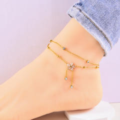 Korean fashion two layer diamond flower stainless steel anklet