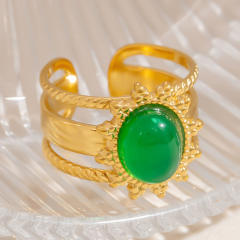 18k gold plated oval natural stone stainless steel rings for women