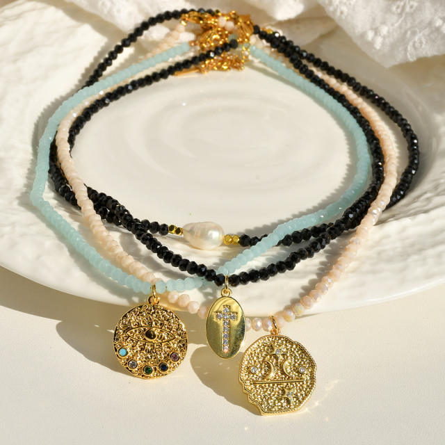 Spring Summer Color Crystal Beaded Necklace Women's Color-free Natural Freshwater Pearl Necklace