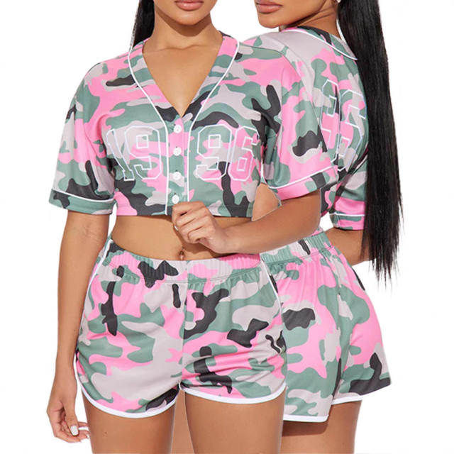 Summer 2025 Women's Camouflage Printing Dyeing Casual Sports Home Short-sleeved Button Shorts suit