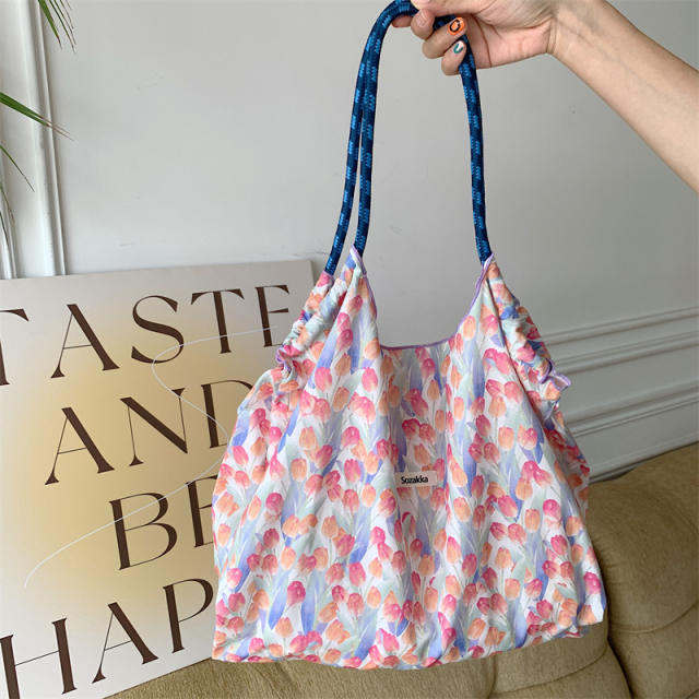 Korean Style Summer Large Capacity Shoulder Bag Drawstring Shopping Bag Fresh Floral Tote bag