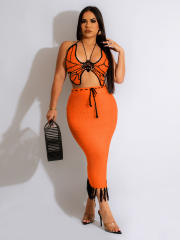 Sexy Butterfly halter neck Knitted Top Tassel Skirt suit