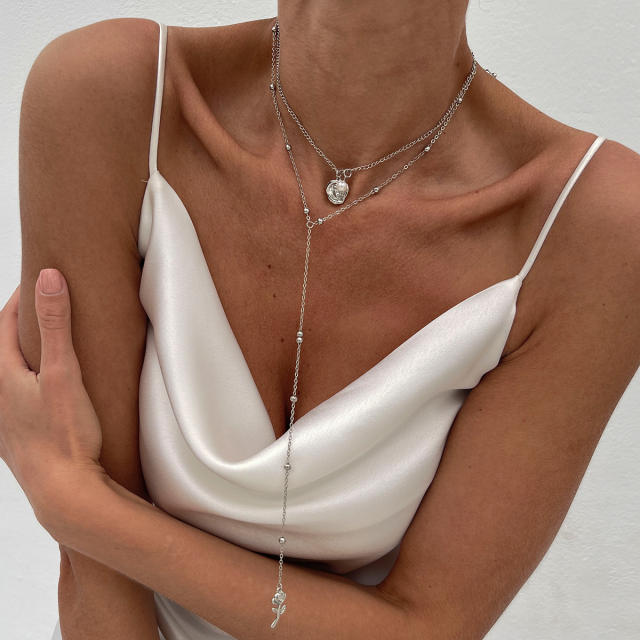 Simple Ins Style Rose Flower Pendant Long Necklace layer necklace