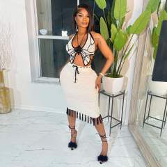 Sexy Butterfly halter neck Knitted Top Tassel Skirt suit