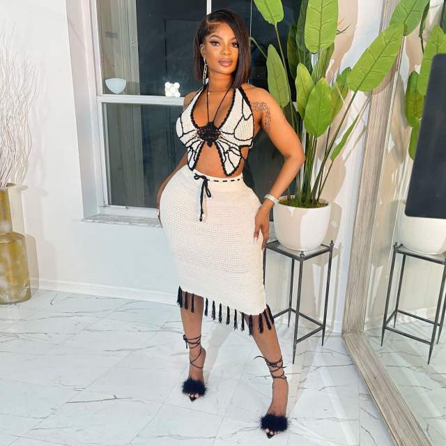 Sexy Butterfly halter neck Knitted Top Tassel Skirt suit
