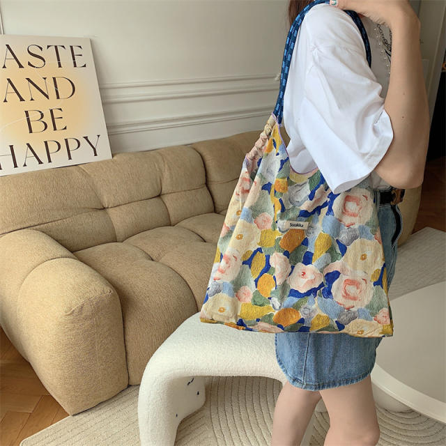 Korean Style Summer Large Capacity Shoulder Bag Drawstring Shopping Bag Fresh Floral Tote bag