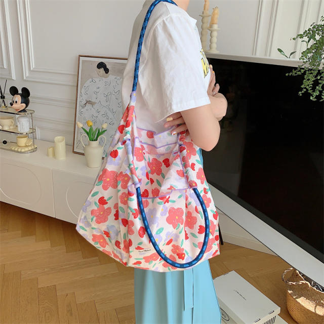 Korean Style Summer Large Capacity Shoulder Bag Drawstring Shopping Bag Fresh Floral Tote bag