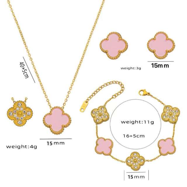 Classic Titanium Steel Diamond-Encrusted Double-Sided Four-Leaf Clover necklace