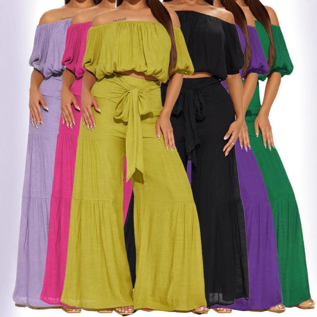 2025 spring women's elastic off shoulder short bubble sleeve tops high waist wide leg trousers suit