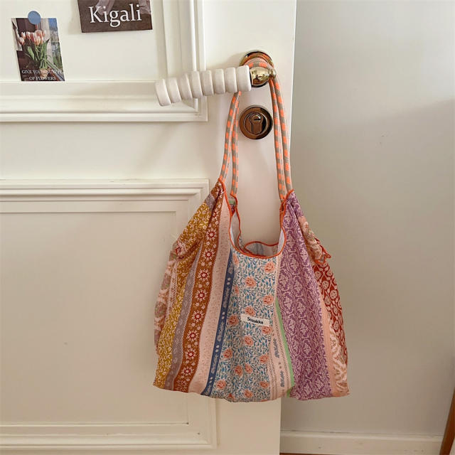 Korean Style Summer Large Capacity Shoulder Bag Drawstring Shopping Bag Fresh Floral Tote bag