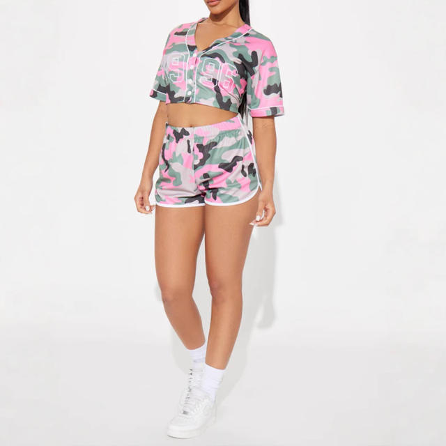 Summer 2025 Women's Camouflage Printing Dyeing Casual Sports Home Short-sleeved Button Shorts suit