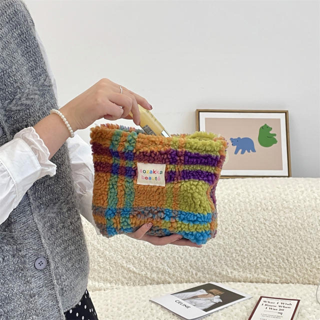 Ins style plush cosmetic bag color polka dot large capacity travel skin care cosmetics storage bag