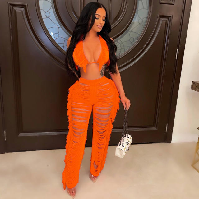 Summer Women Sexy Tassel Knitted Pants Set