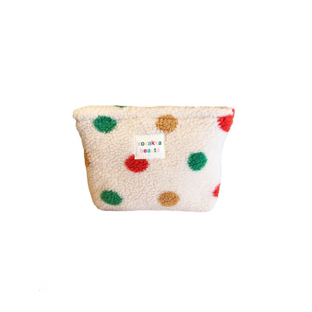 Ins style plush cosmetic bag color polka dot large capacity travel skin care cosmetics storage bag