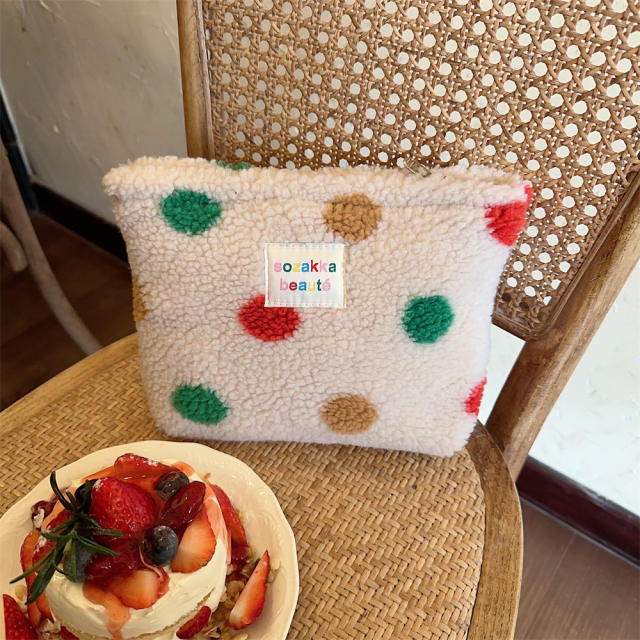 Ins style plush cosmetic bag color polka dot large capacity travel skin care cosmetics storage bag